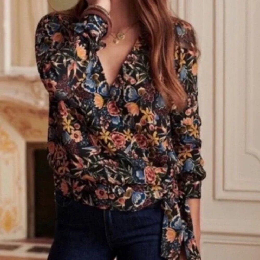 Sezane Dafne Floral Bird Print Wrap Top